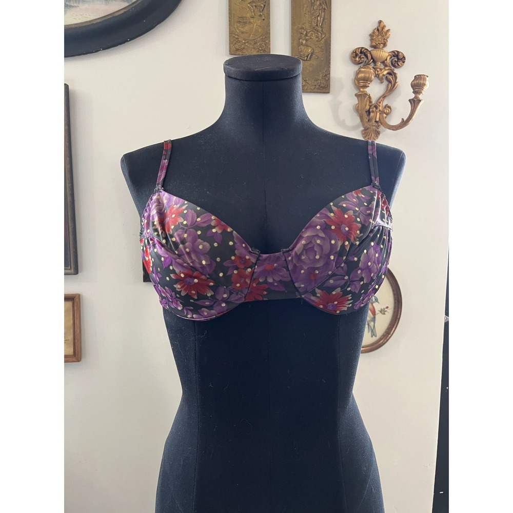 Vintage Classified Purple Red Floral Gold Dot Satin Underwire Bra Size 36B